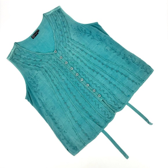 Papa Teal Embroidered Stripe V-Neck Button Front Tie Back Sleeveless Top, Medium - Picture 1 of 16